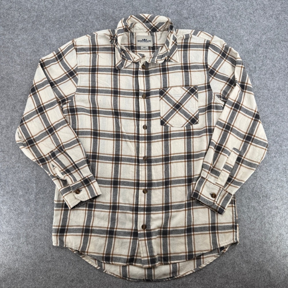 Northeast Outfitters Flannel Shirt Mens M Button-Down Cream Brown Plaid EUC